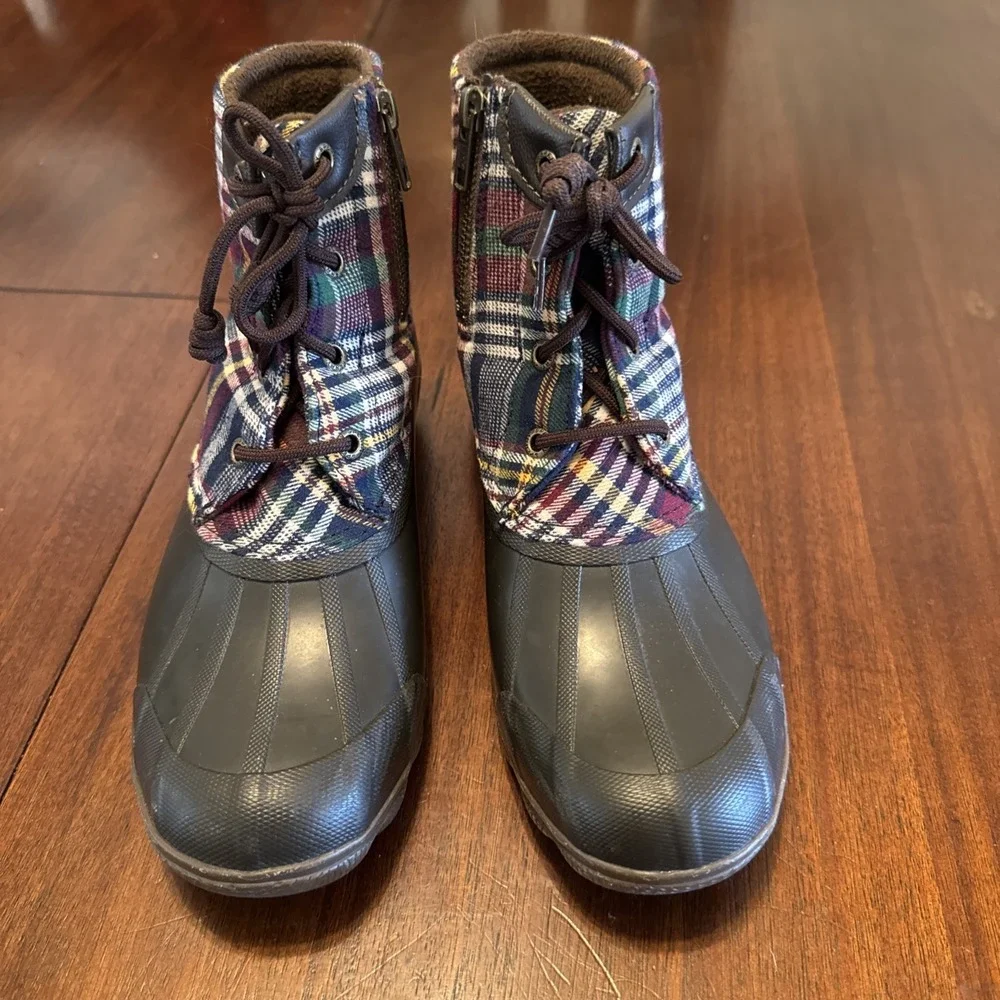 Sperry Duck Boots Womens‎ 6.5 Plaid Rubber Rain Boots Lace Up Waterproof Ankle